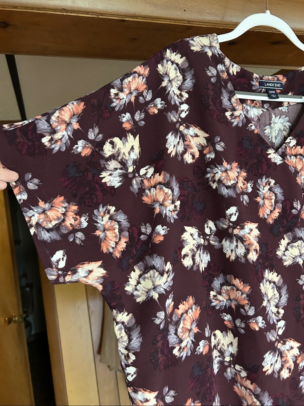 Lands' End Burgundy Floral V-Neck Midi Dress 20W
